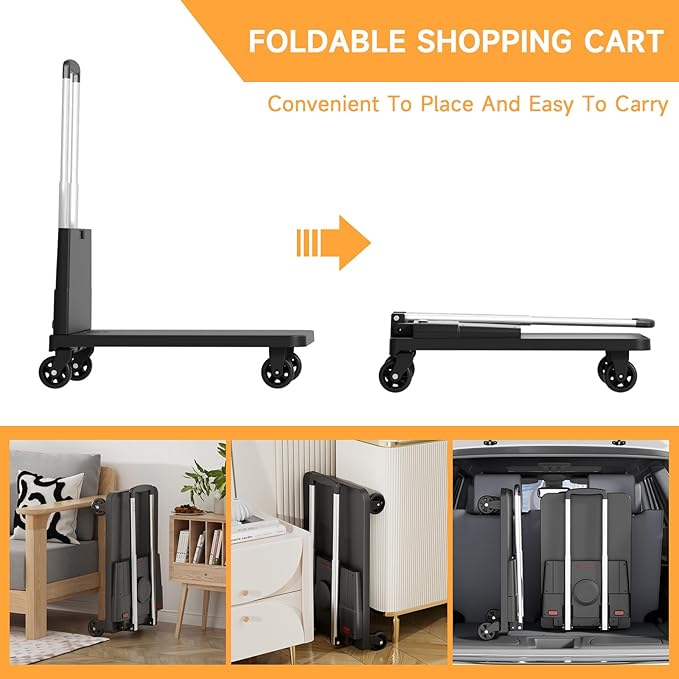 Folding Trolley for Moving, 330 lbs Heavy Duty Luggage,4 Wheel Foldable,Expandable Platform with Bungee Cord, Portable Moving Utility Carts Cart Utility Carts Trolley Cart, (Black, L)