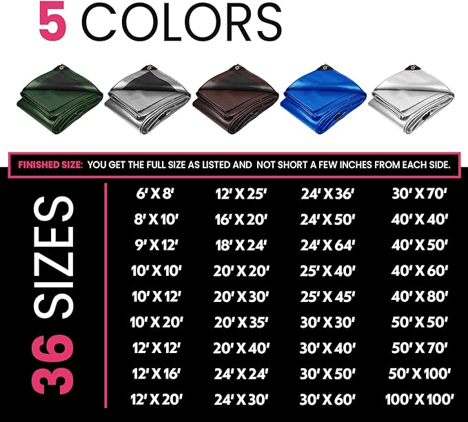 PROTARP Extreme Heavy Duty 22 Mil Tarp Cover, Waterproof, UV Resistant, Rip and Tear Proof, Poly Tarpaulin with Reinforced Edges for Roof, Camping, Patio, Pool, Boat. (Silver/Black 20′ X 40′)