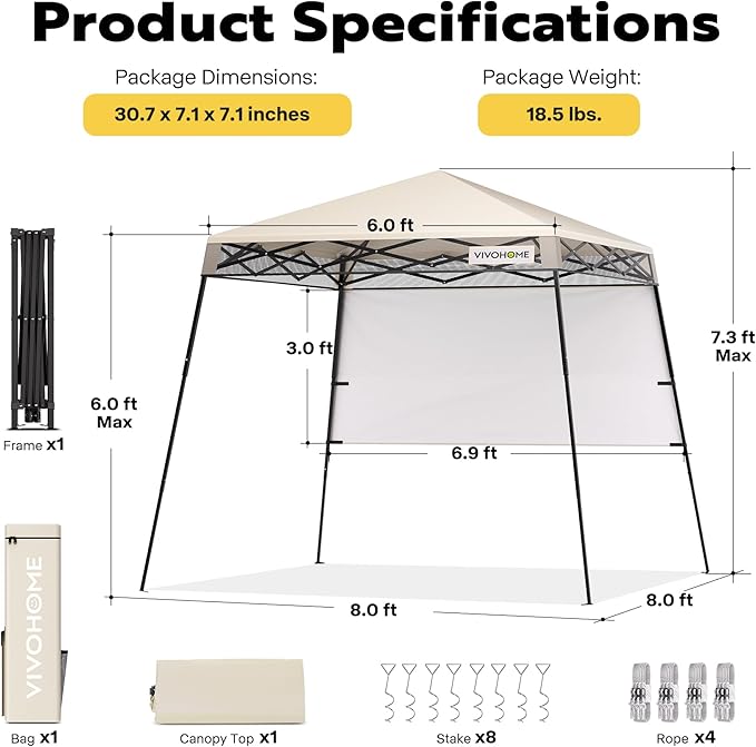 VIVOHOME 8x8ft Pop-Up Canopy Tent with Central Lock Design, Slant Legs, Backpack, and Side Wall, Portable Shelter for Camping, Party, Yard, and Beach Events, Beige