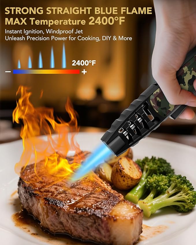TBTeek Butane Torch Lighter - Adjustable Jet Flame Lighter, Blow Torch, Refillable Bright Fire Torch, Cooking Torch with Safety Lock for Kitchen, BBQ, Baking, Candle, Camping, Camo (Gas Not Included)