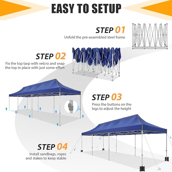 HOTEEL 10x30 Heavy Duty Pop Up Canopy Tent for Parties Event Wedding Commercial Instant Canopy with Wheeled Bag, Party Tent Waterproof UV 50+&Windproof, Upgraded Thick Hexagonal Legs, Deep Blue