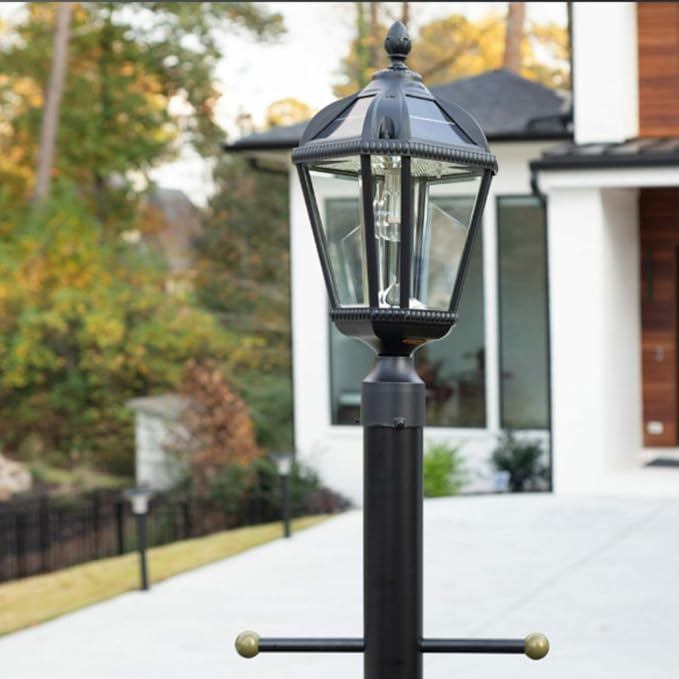 Gama Sonic Outdoor Solar Post Light, Black Aluminum, Royal Bulb, Rain Water Glass, Single Lamp with 3-inch Fitter for Lamp Posts Warm White LED, 98B012 (Upgraded Panel and Battery)