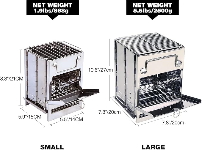 REDCAMP Camping Wood Burning Stove, Stainless Steel Compact Portable Foldable Mini Mult Fuel Camp Stove with Storage Bag, Perfect for Backpacking Hiking Outdoor Cooking Picnic BBQ (silver-large)