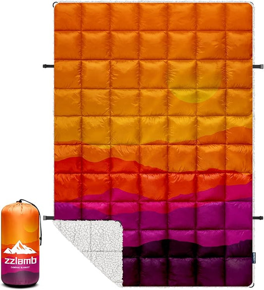 zzlamb Sherpa Puffy Camping Blanket,Packable Outdoor Warm Wearable Fleece Blankets for Cold Weather,Thick Camp Quilt with Sherpa Lining for Sleeping,Traveling,Backpacking,Picnics,Beach,Stadium 52x75in