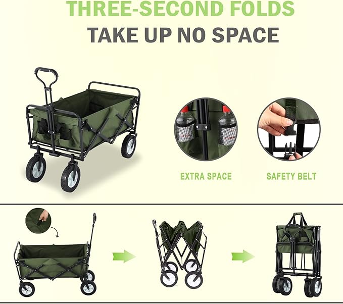 220 lbs Capacity Folding Wagon, Utility Garden Cart Collapsible with Wheels for Outdoor Camping, Green