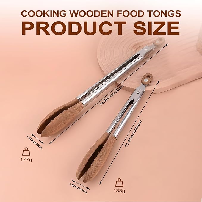 2 Pack Walnut Wooden Tongs For Cooking, 12 & 9 Inch Kitchen Salad Utensils Tongs with Hanging Hole and Wooden Tips, Stainless Steel Kitchen Barbecue Food Suitable for Salad