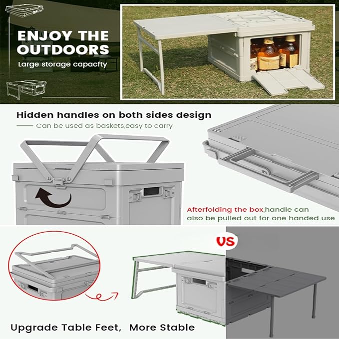 Multifunctional 3 in 1 Camping Folding Storage Box with Table, Handle Collapsible Bins Box and Warning Signs,Storage Bins With Lids 16.5L Camping Storage for Garage, Beach, Backyards, Picnic