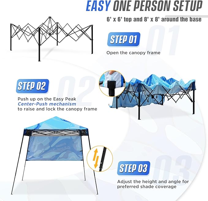 EAGLE PEAK 8x8 Pop Up Canopy Tent with Sidewall, Compact, Portable Slant Leg Instant Sun Shelter for Beach, Sports, & Camping, 8x8 Base 6x6 Top, Blue Abstract