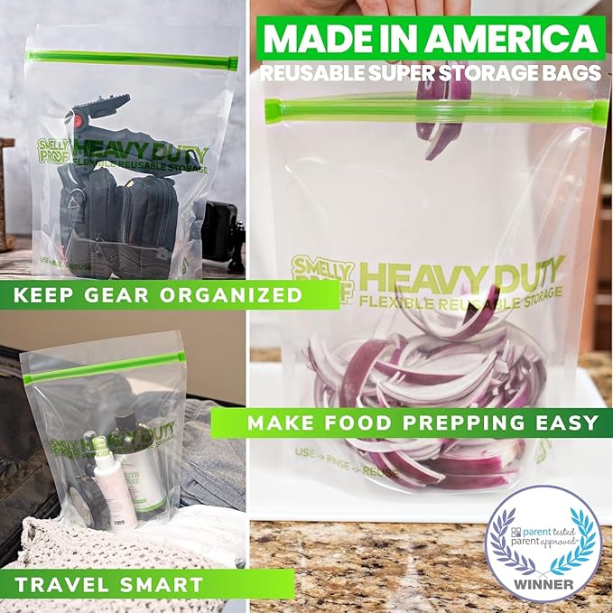 BULK VALUE, Smelly Proof 50-Pack HEAVY DUTY 5-mil Reusable Bags, Ziplock Stand-Up, Expandable, Dishwasher-Safe, Triple Zip, Odor-Proof, Durable Poly Nylon (Non-Silicone) US-Made 8.5" x 10" Quart 50pk