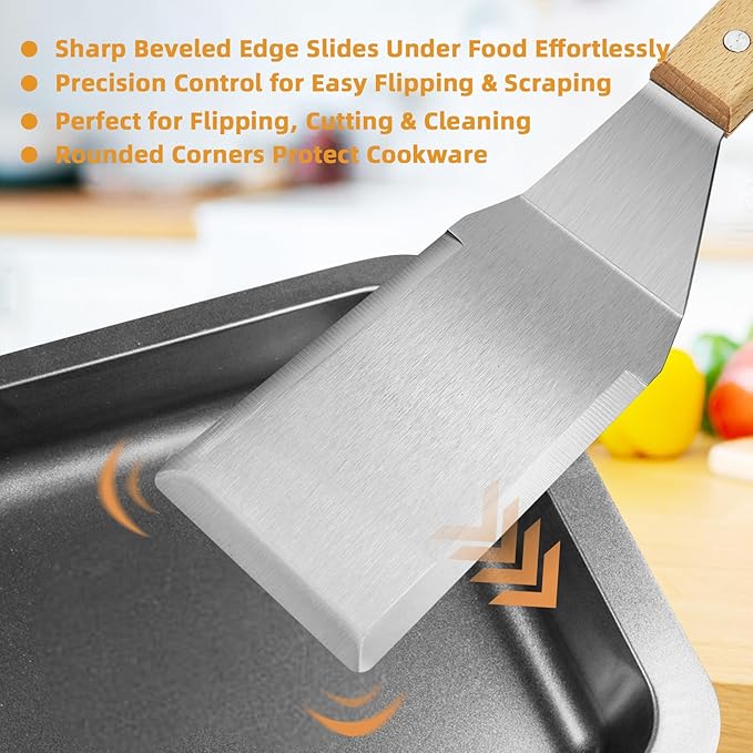 Heavy Duty Metal Spatula Set of 4, Professional Stainless Steel Griddle Spatulas and Scraper for Flat Top Grill, Cast Iron, BBQ, Smash Burger, Full Tang Wood Handle & Beveled Edge, Commercial Grade