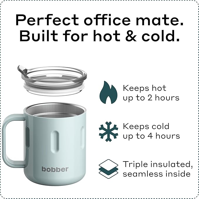 BOBBER 10 oz Insulated Coffee Mug with Wide Handle & Lid – Double Walled Stainless Steel Travel Tumbler for Women, Wife – Triple Walled Coffee Cup for Hot & Cold Drinks (Light Blue)