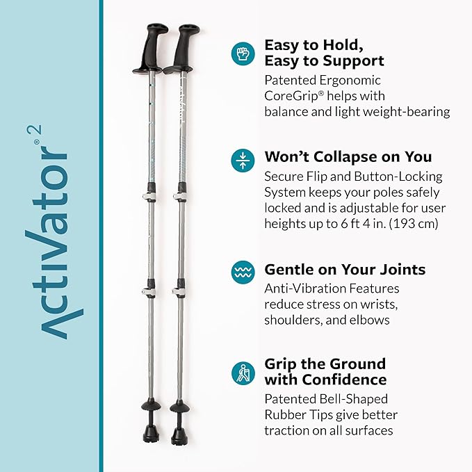 Urban Poling ACTIVATOR® 2 Walking Poles – 1 Pair – CoreGrip™ for Stability, Weight-Bearing, Recovery & Core Strength – Adjustable, Collapsible, Lightweight, Compact & Ideal for Travel or 6FT+ Users