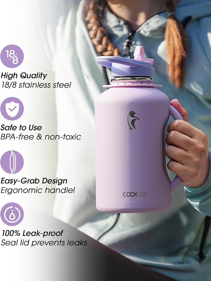 Coolflask Half Gallon Water Bottle with Straw, 64 oz Insulated Stainless Steel Water Jug With Handle Metal Double-Walled Vacuum Large Flask With Strap Leakproof, Keep Cold 48 Hrs Hot 24hrs, Lavender