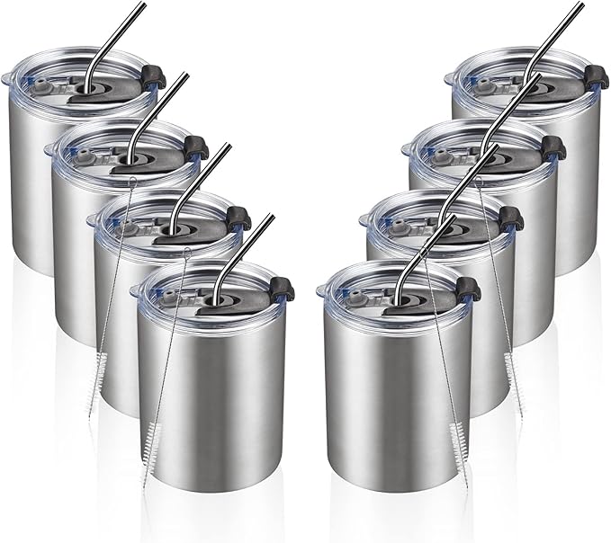 MEWAY 12oz/8Pack Coffee Mug With Lid, Insulated Stainless Steel Reusable Coffee Cup, Double Wall Durable Coffee Mug, Powder Coate,For Coffee, Beer, Home, Office(Silver,8 Pack)