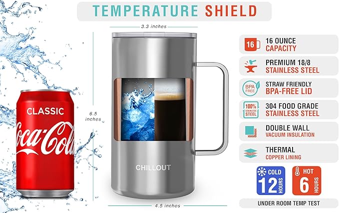 CHILLOUT LIFE Stainless Steel 20 oz Vacuum Insulated Coffee Mug with Handle and Lid, Large Thermal Camping Coffee Mug Cup with Durable Sliding Lid for Men & Women, Keeps your Beverages Hot/Cold