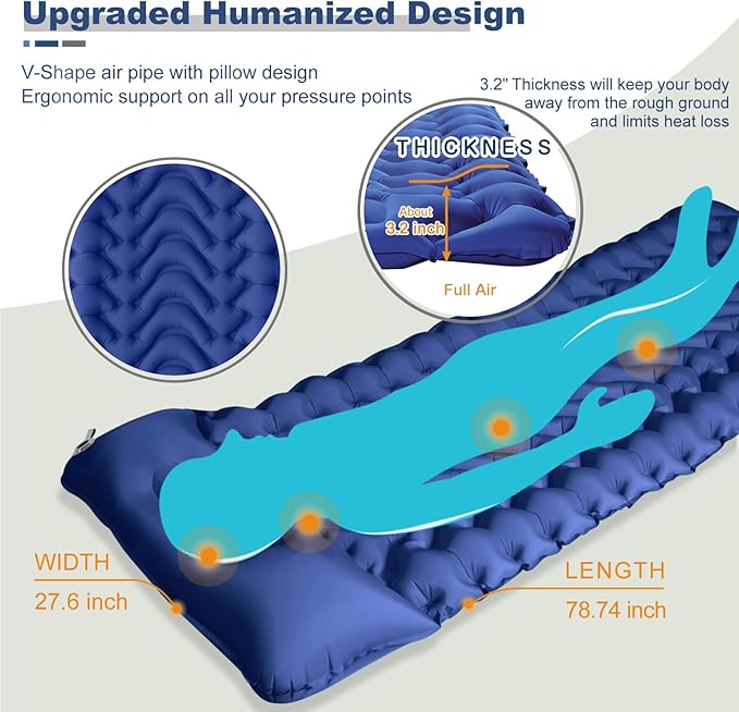 MEETPEAK Sleeping Pad, Extra Thickness Inflatable Camping Sleeping Mat with Pillow Built-in Foot Press, Compact Ultralight Camping Air Mattress for Backpacking, Hiking, Tent