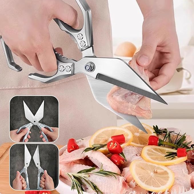 Multifunctional Heavy-Duty Kitchen Shears, Heavy Duty Kitchen Scissors for Food with Ergonomic Handle, High-Carbon Steel Culinary Shears for Chicken, Meat, Seafood, Bone Cutting (Silver)
