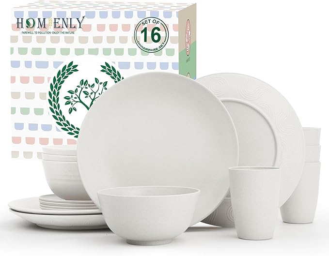Homienly Wheat Straw Dinnerware Sets - 16 PCS Unbreakable Dinner Plates,Dessert Plates,Cereal Bowls,Drinking Cups,Dishes Sets for 4,Reusable Dishwasher & Microwave Safe for Kitchen - White