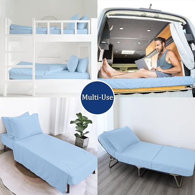 Cot Sheets 30" x 75" - 4 PCs Cot Sheet Set - 600TC 100% Cotton Sheet Set - Cot Size Fitted Sheets Perfect for Narrow Twin/Camp Bunk/Rvs Bunk/Guest Beds/Trifold Mattress, 4-8" Deep Pocket - Light Blue