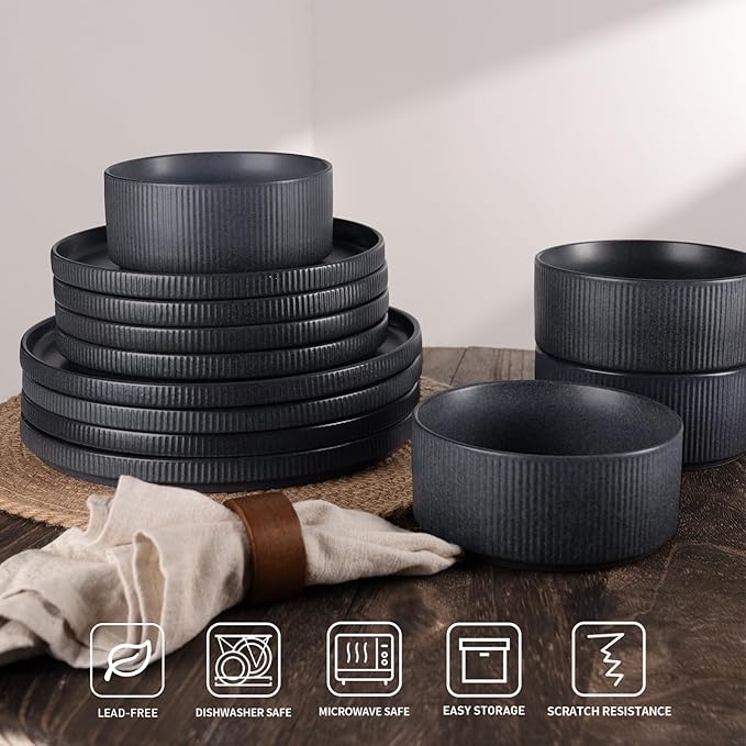 famiware Star Salad Plates for 6, 8 inches Plate Set, Stoneware Dinnerware, Small Dinner Plates for Dessert, Salad, Appetizer, Matte Dark Charcoal (Full Glaze)