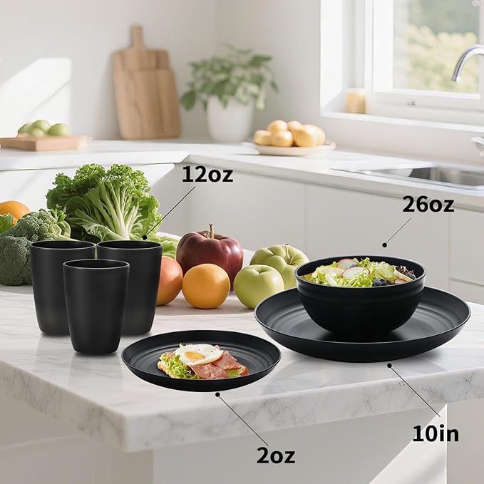32 pcs Wheat Straw Dinnerware Sets Kitchen Plates and Bowls Sets for 8 Plastic Plates Reusable Dishes Set Outdoor Camping and Dinning Essentials Dishwasher Safe, Black