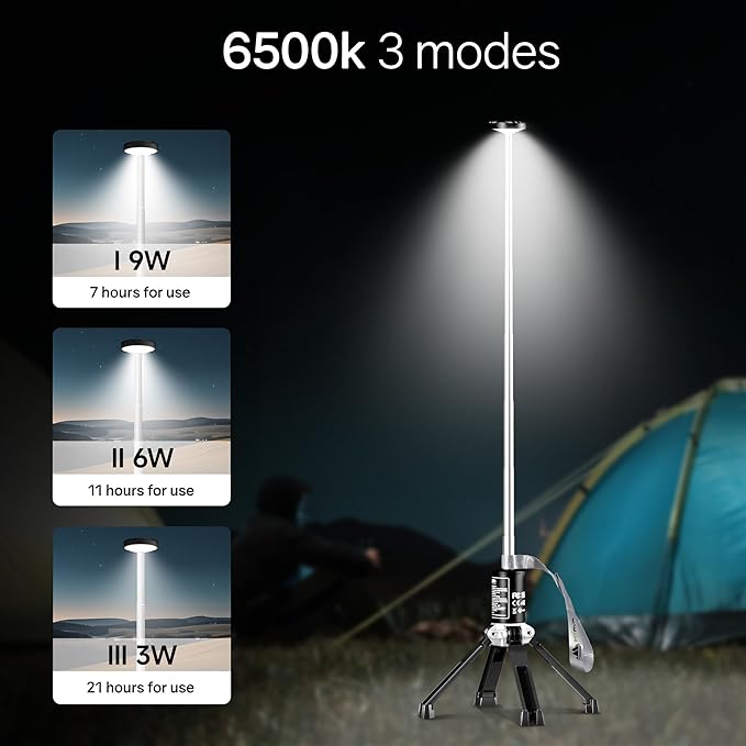 Rechargeable Work Light with Stand, 20000mah & 21h Runtime Light Tower,6500k 3 Modes Portable Power Supply, Magnetic Tent Lamps Perfect Outdoor Work Lighting for Hiking, Camping, Home Emergency.