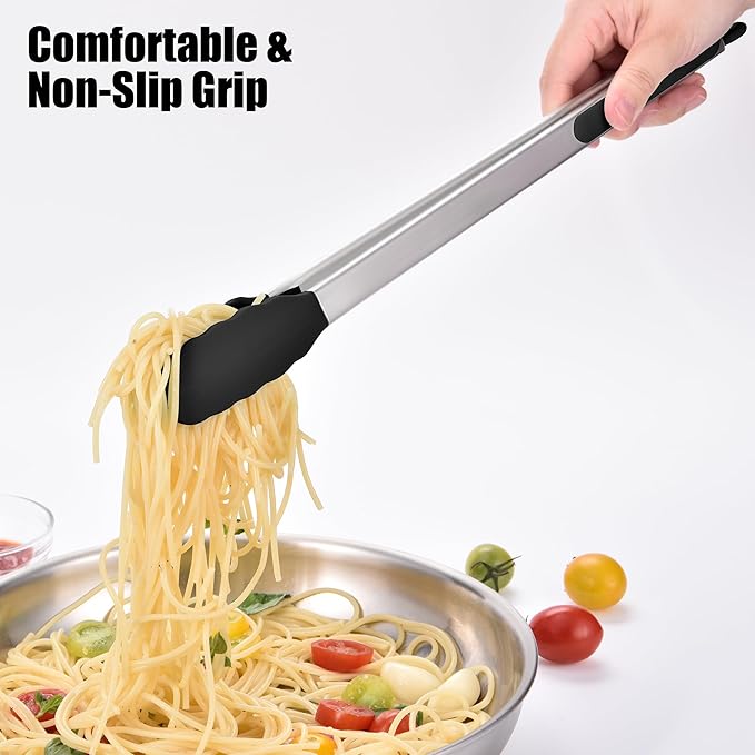 Doosu Kitchen Tongs for Cooking - 600°F Heat Resistant Food Tong with Non-Scratch Silicone Tips, Heavy Duty Stainless Steel Locking Tong for BBQ, Grilling Steak, Serving Salad, Pasta (16in, Black)