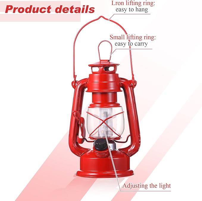 Hortsun 12 Pcs 8 Inch Vintage LED Hurricane Lantern Metal Red Outdoor Battery Operated Hanging Lantern with Warm LEDs and Dimmer Switch for Indoor Rustic Farmhouse Country Camping Decor