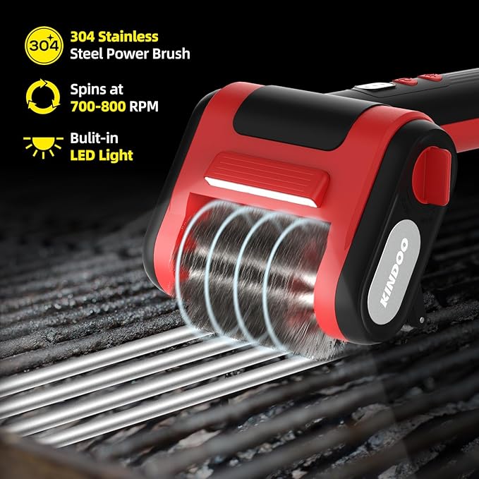 Electric Rechargeable Grill Brush,Grill Cleaner for Outdoor Grill with 800 RPM Motor - Bristle-Free Stainless Steel Grill Cleaner with LED Light for BBQ, Heavy Duty Grill Cleaning Tool (BlackRed)