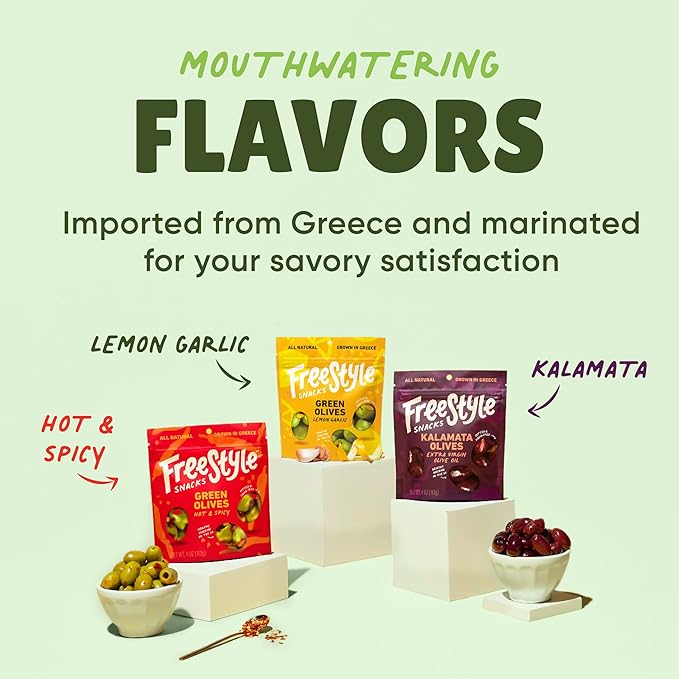 Freestyle Snacks Olive Snack Packs - Fresh Pitted Kalamata & Green Olives, Jumbo-Sized, Grown in Greece, Salty Snack, All Natural, Non-GMO, Paleo, Sugar-Free, Keto Snacks - Variety Pack, 4oz (3 Pack)