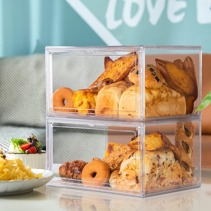 2pcs Large Bread Box Kitchen Countertop upgraded - Large Capacity Transparent Bread Rack Storage Box, 20 Sheets of Greaseproof paper-Stackable Double-Layer Bread Pantry Storage Container
