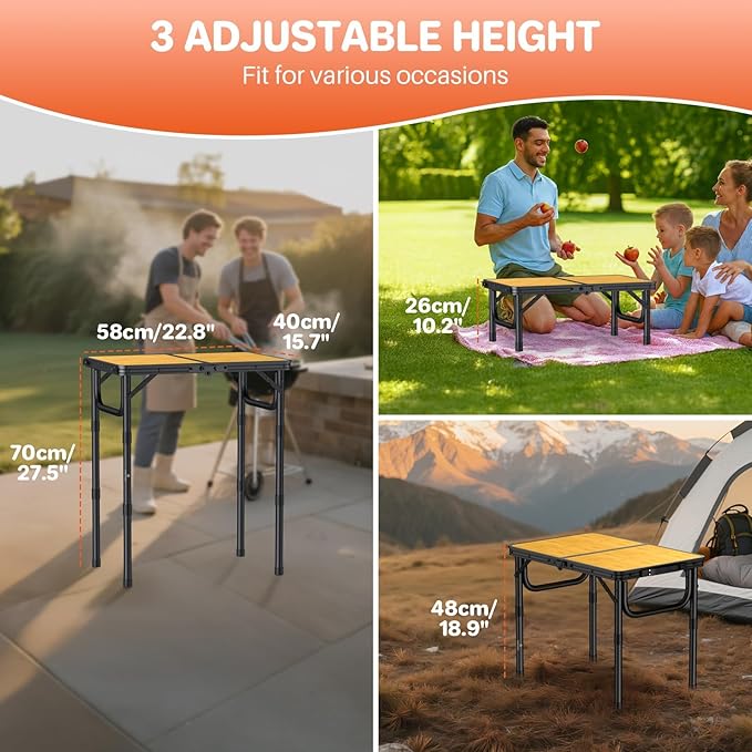 FUNYKICH 2ft Small Folding Camping Table, 3 Height Adjustable Portable Picnic Table, Lightweight Aluminum Outdoor Tables with Carry Handle for Camping, Picnic, BBQ, L22.8 xW15.7 (58x40cm)