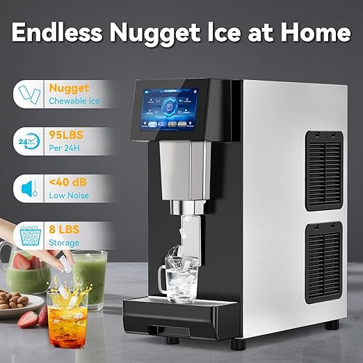 Nugget Ice Maker Machine Countertop, Ice/Water/Ice & Water Optional, 95LBS/24H Soft Pellet Crushed Chewable Ice Machine with Self-Cleaning for Home Office Kitchen Party RV