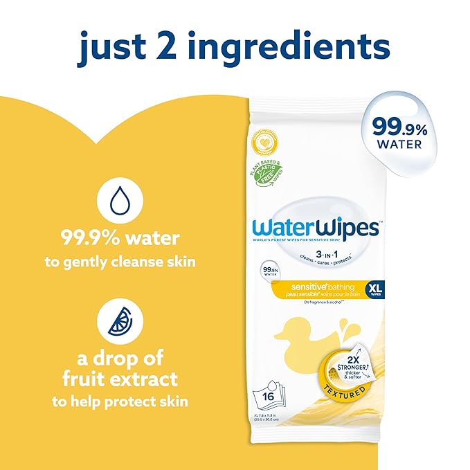 WaterWipes Sensitive+ Bathing Wipes, 3-In-1 Cleans, Cares, Protects, 99.9% Water, Unscented & Hypoallergenic, 16 Count (1 Pack)
