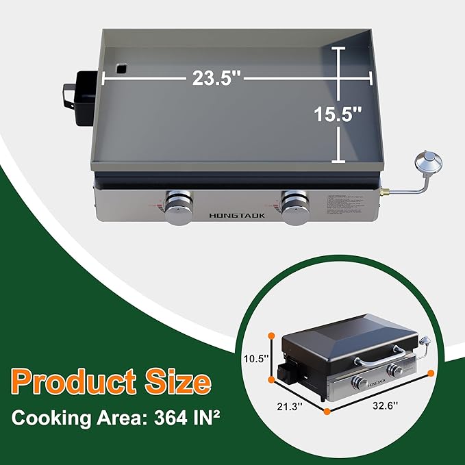 23 Inch Portable Propane Gas Grill with Lid & Stainless Steel Front Plate, Propane Tabletop Flat Top Grill for Camping, BBQ and Outdoor Cooking, 2 Burners