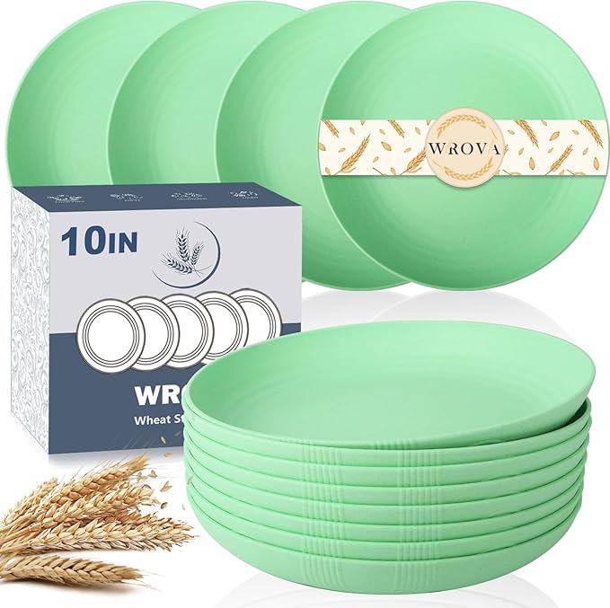 Wheat Straw Plates - 10 Inch Unbreakable Dinner Plates Set of 8 - Dishwasher & Microwave Safe Plastic Plates Reusable for Kitchen and Camping (Light Green)
