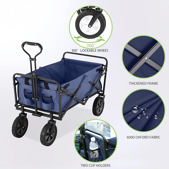220 lbs Capaticy Folding Wagon, Utility Garden Cart Collapsible with Universal Wheels Adjustable Handle, Blue