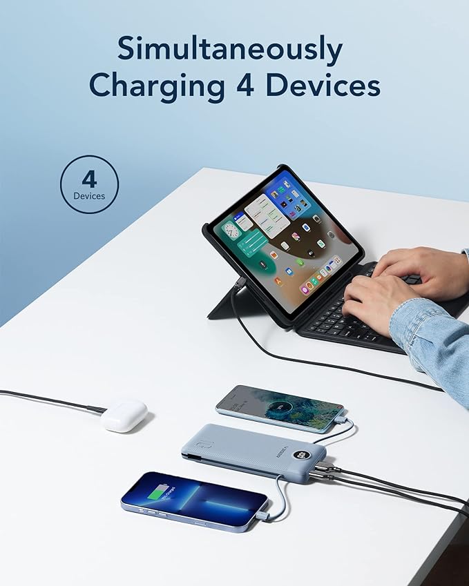 VEGER Portable Charger for iPhone Built in Cables and Wall Plug, 10000mah Slim Fast Charging USB C Power Bank, Travel Essential Battery Pack Compatible with iPhones, iPad, Samsung More Devices(Blue)