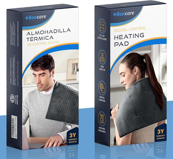 Boncare® LCD Digital Control 12” x 24” Heating Pad for Back Pain Relief and Cramps with Auto Shut off Large Size 6 Temperature Settings 6 Timers Super Soft Velvet Moist / Dry Hot Heat Pad (Dark Gray)