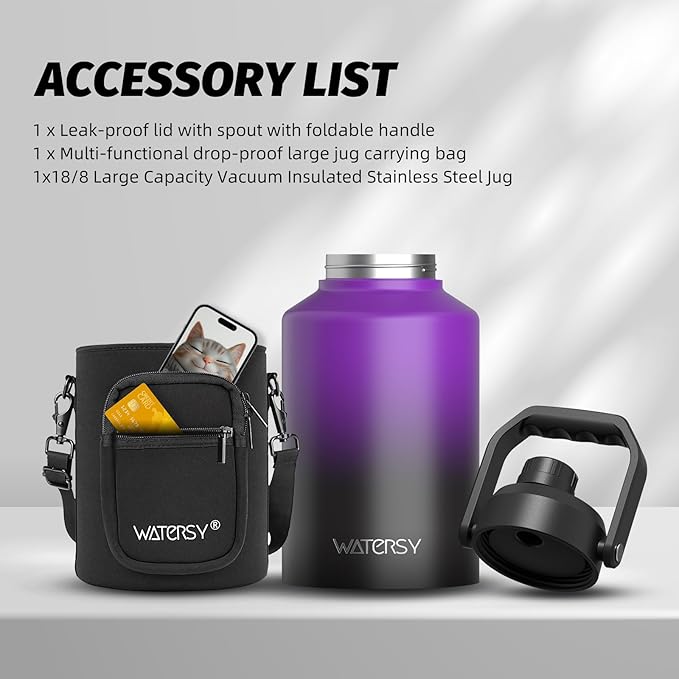 1 Gallon Water Bottle Insulated(Cold for 48 Hrs),BPA Free&Leak Proof,128oz Stainless Steel Water Jug,Big thermo,Large Water Bottle with Handle for Gym,Hiking,Camping&Travel,Purple