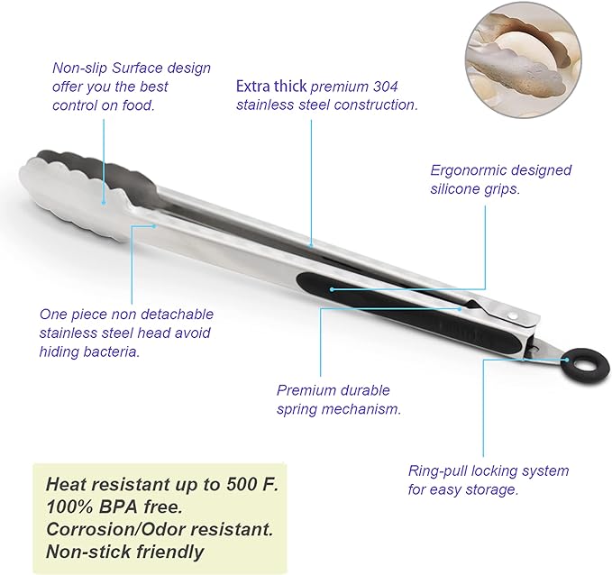 304 Stainless Steel Kitchen Cooking Tongs, 12" and 14" Set of 2 Sturdy Grilling Barbeque Brushed Locking Food Tongs with Ergonomic Grip, Black