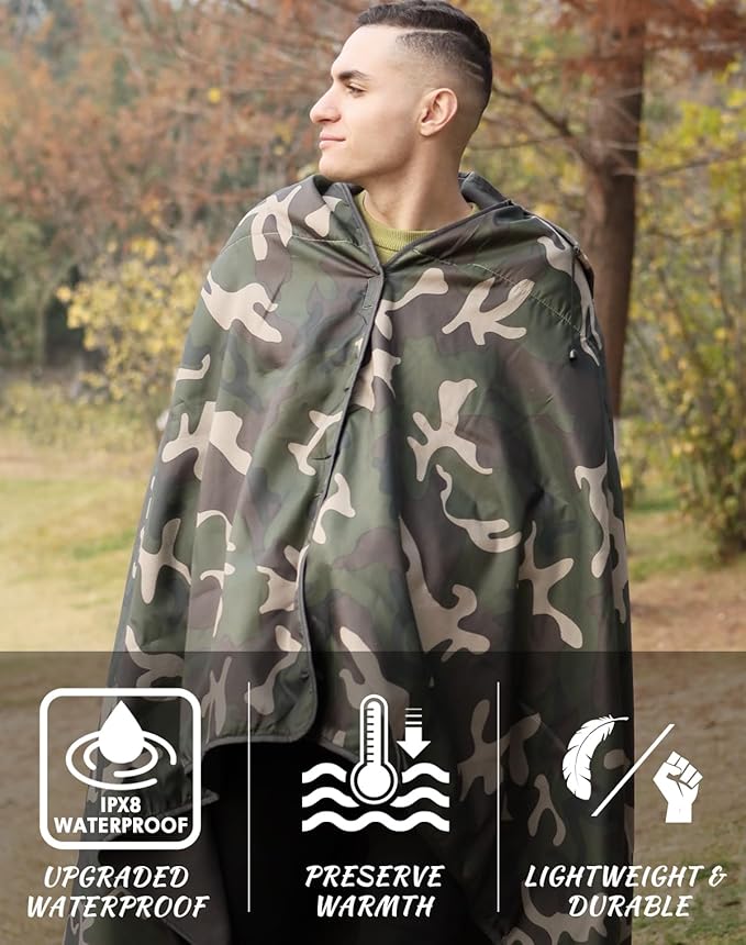 DUKUSEEK Hooded Stadium Blanket, Camouflage Waterproof Windproof Outdoor Fleece Blanket - Large (79x56), Portable, Wearable, Warm for Outdoor Hunting, Sporting Eventsβ¦