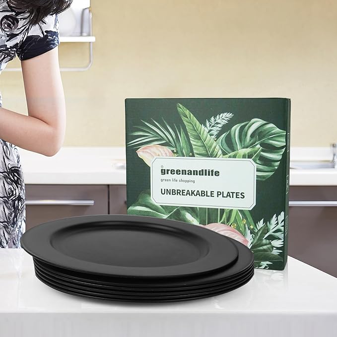 greenandlife 10inch/6pcs Dishwasher & Microwave Safe Wheat Straw Plates, Alternative for Plastic Plates, Lightweight Reusable Unbreakable Dinner Plates, Non-toxin, BPA Free for Kids Adults, Black