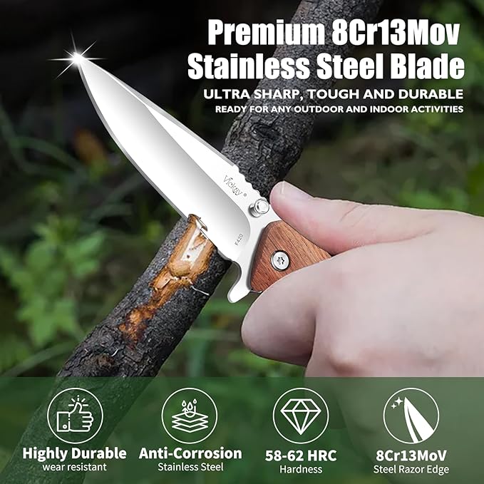 Vickay Pocket Knife for Men, 3.4" 8Cr13MoV Steel Blade, Wood Handle EDC Folding Knife with Liner Lock for Outdoor Camping, Tactical, Hunting, Hiking, Survival - Father’s Day Gift