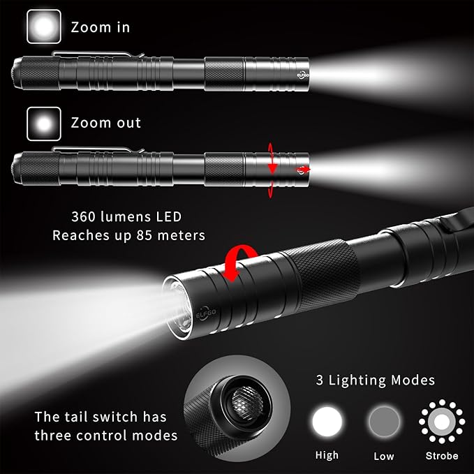 Rechargeable Pen Light, Zoomable Led Penlight Inspector Flashlight Pocket Flashlight with Clip Small Mini Handheld Slim Flashlight 360 Lumens LED for Nurse Medical Repair Engineer Doctor
