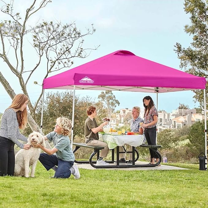 EAGLE PEAK Pop Up Canopy Tent with Wheeled Carry Bag, 8 Stakes, 4 Ropes, 4 Weight Bags, Easy Set Up Tent Canopy, 10x10 ft, 100sqft of Shade, Pink