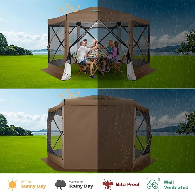 COBIZI 12x12 Pop up Gazebo Screen House Tent for Camping, Outdoor Canopy with Removable Roof&Mosquito Netting, Portable Hub with Carrying Bag and Ground Stakes, Brown