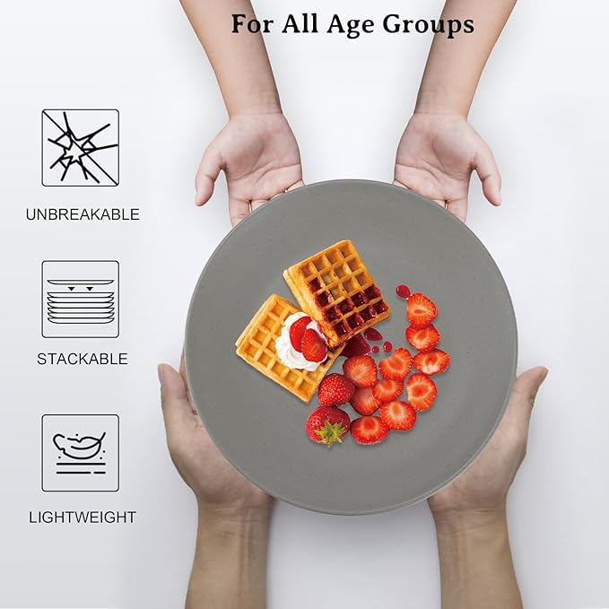 Wheat Straw Dinner Plates 10 Inch Unbreakable Set of 8 - Dishwasher & Microwave Safe Plastic Plates Reusable - Lightweight Plates for kitchen,camping,salad - Black to Grey