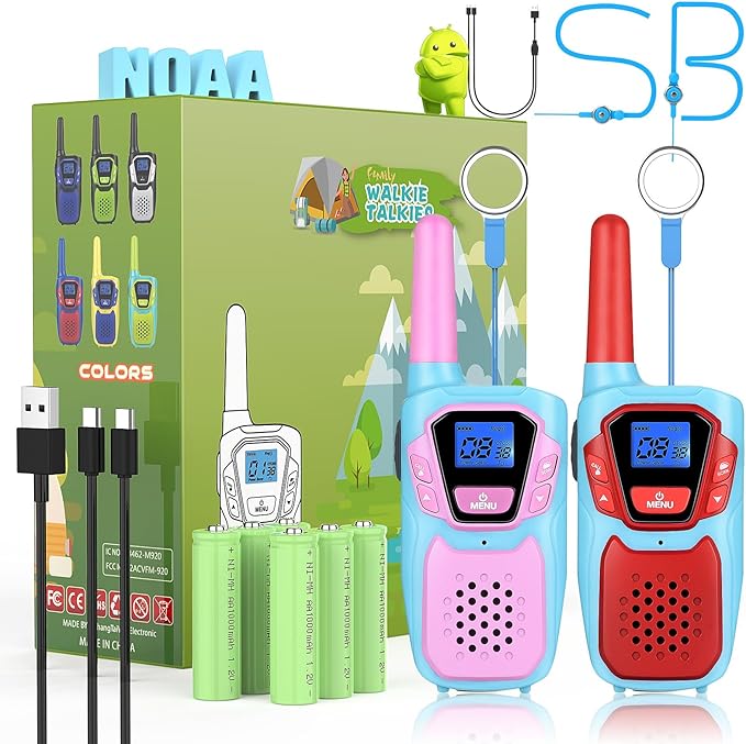 Walkie Talkies for Kids Rechargeable Walkie-Talkie for Adults Long Range Pink 2 Way Radio 2 Pack with Lanyard Battery 4 Miles NOAA USB, Family Toy for 3-12 Year Old Girls Boys Toddlers Camping