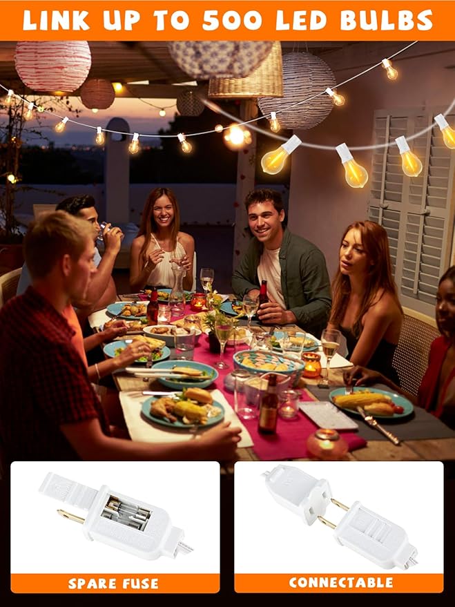Outdoor String Lights, 100FT LED Patio String Light, String Lights for Outside with 53 LED Bulbs (3 Spare), White Outdoor Light for Yard, Gazebo, Pergola, Porch, Balcony, White Cord